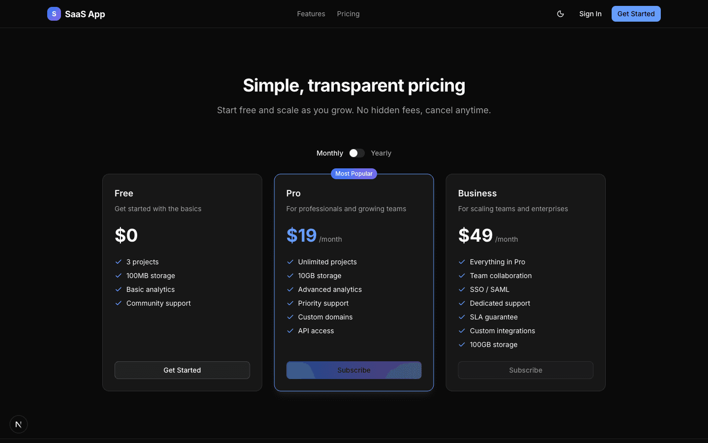 Pricing page with Free, Pro, and Business tiers